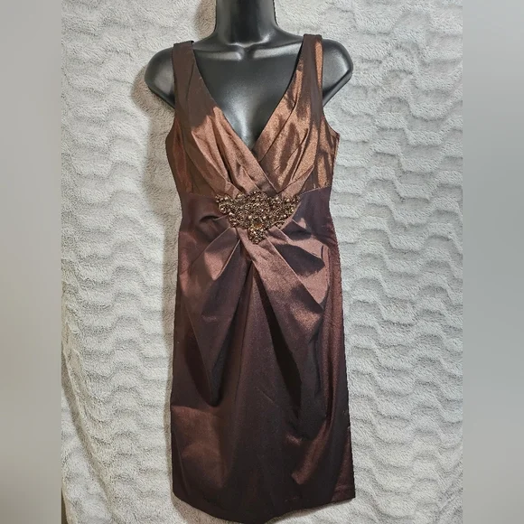 David Meister Brown Copper Bronze Cocktail Dress Beaded 6 - Picture 3 of 16